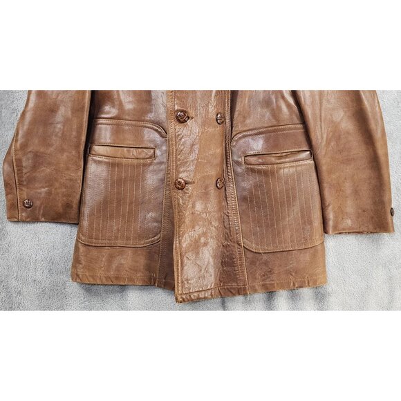 Vintage Leather Jacket Mens 42 Long Glazed Nappa Double Breasted Car Coat 70s - Picture 7 of 15